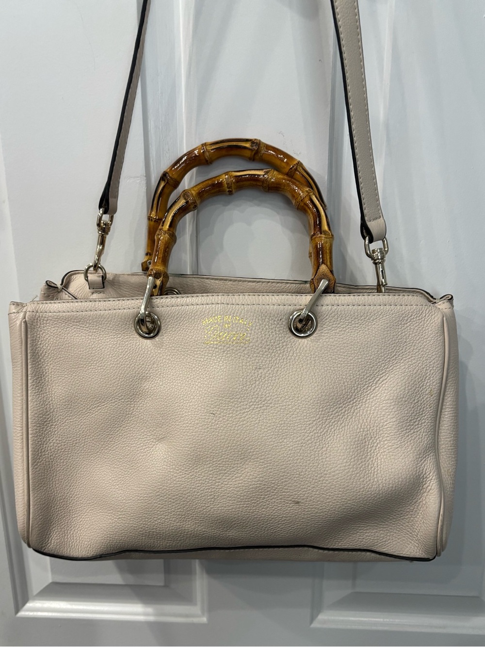 Gucci Cream Leather Satchel with Bamboo Top Handles